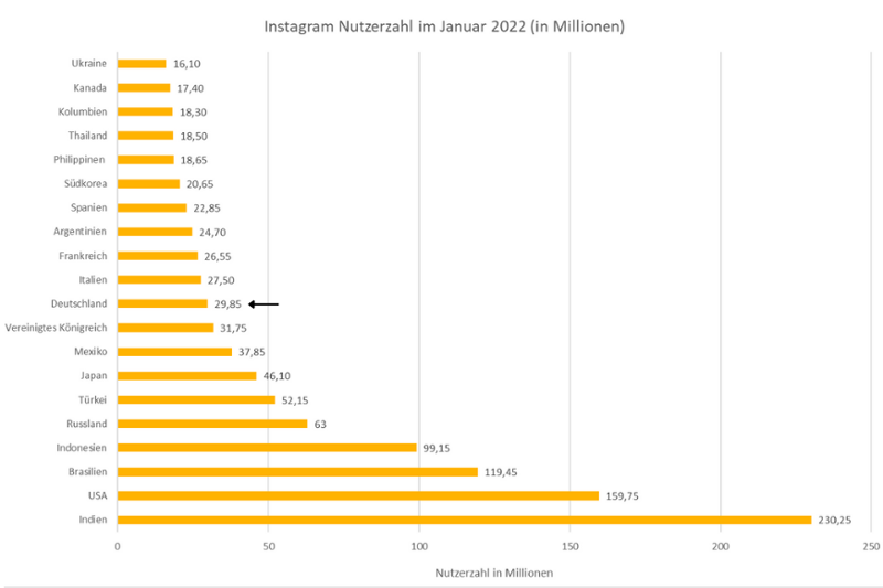 Eine Grafik, die die Anzahl der Instagram Nutzer weltweit im Januar 2022 nach Ländern zeigt.